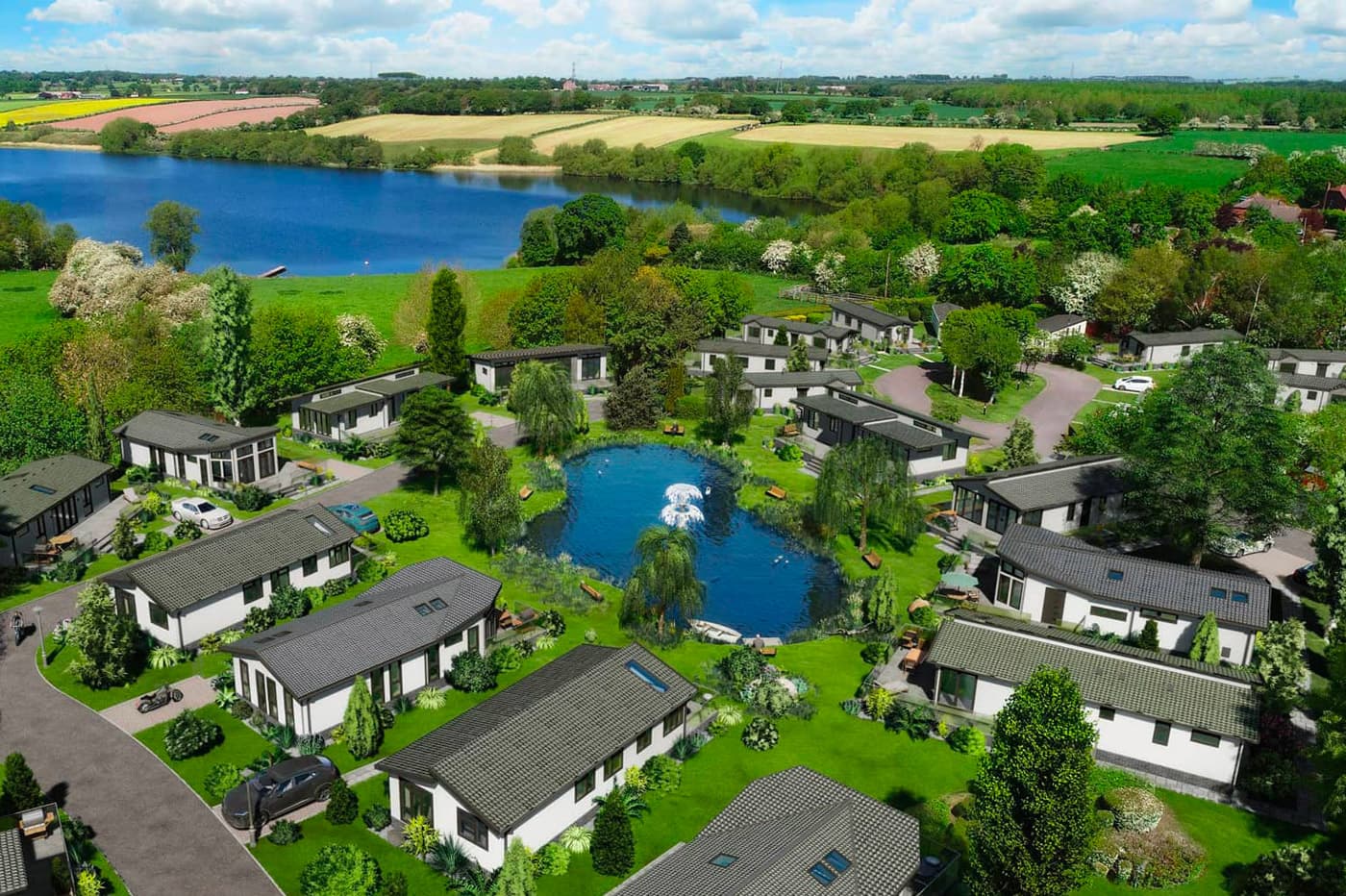 Aerial view of pickmere lake holiday park